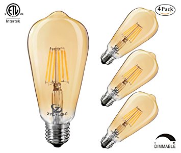 Dimmable Led Bulb, 6w LED Edison Bulb, 60w Incandescent Equivalent, 6W Vintage LED Filament Light Bulb, St64 Led Bulb,2400-2700K (Amber Glow) ,e26 /e27 Medium Screw Base, Amber Glass Cover, 4 Pack