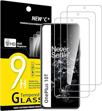 NEW'C 3 Piezas, Protector Pantalla para OnePlus 10T 5G (6,7 Pulgadas), Cristal templado Antiarañazos, Antihuellas, Sin Burbujas, Dureza 9H, 0.33 mm Ultra Transparente, Ultra Resistente