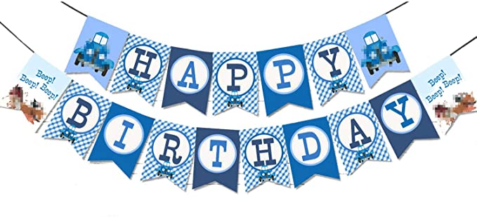 Blue Happy Birthday Banner Party Supplies For Kids and Adults Truck Themed Party Decorations