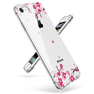iPhone 7 Case, iPhone 8 Case, GVIEWIN Clear Soft TPU Silicone Ultra-Thin Slim Fit Transparent Pink Flowers Flexible Cover Non-Slip Perfect Grip for iPhone 7, iPhone 8, Peach Blossom