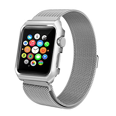 for Apple Watch 42mm Band with Case, Stainless Steel Mesh Milanese Loop with Adjustable Magnetic Closure Replacement Wristband for Apple Watch Series 3 2 1 (Silver, 42MM)