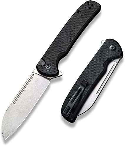 CIVIVI Chevalier Folding Pocket Knife, Button Lock EDC Knife 3.46" Stonewashed 14C28N Sheepsfoot Blade G10 Handle, Utility Knife for Hiking Camping Fishing Work Outdoor