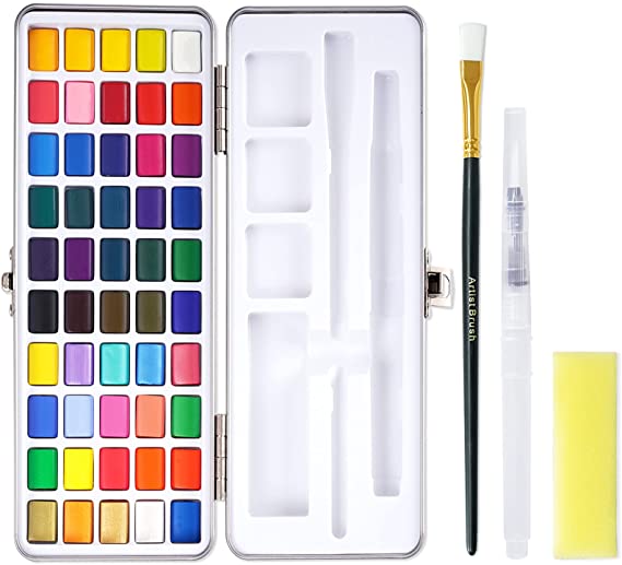 AXEARTE Watercolor Paint Set, 50 Colors in Metal Gift Box, Including Vivid, Metallic, Pearlescent and Fluorescent Colors, Travel Watercolor Set with Brush Pen for Kids Adults (50 COLORS)