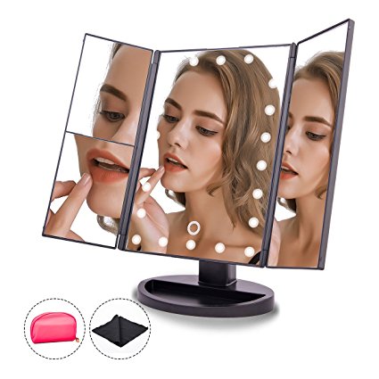 Makeup Mirror Trifold 22 Led Lighted with Touch Screen, Travel Vanity Mirror, 1x/2x/3x Magnification and Dual Power Supply, 180° Rotatable for Women Cosmetic Makeup by Toleap (Black)