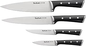 Tefal Ice Force Set mit 4 Messern | Kochmesser 20 cm | Fleischmesser 20 cm | Universalmesser 11 cm | Schälmesser 9 cm | Schneidleistung und Schärfe | Edelstahl/Schwarz