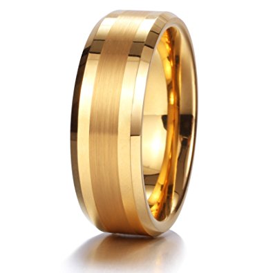 King Will GLORY 8mm Gold Tungsten Carbide Ring Brushed Center Mens Wedding Band Comfort Fit