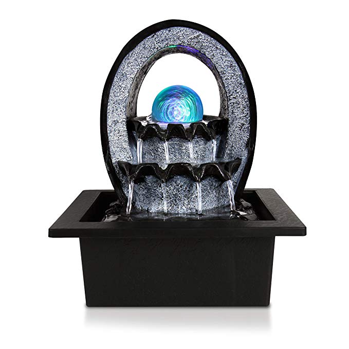 Electric Tabletop Water Fountain Decoration - 2-Tier Indoor Outdoor Portable Desktop Decorative Waterfall Kit w/LED Illuminated Crystal Ball Accent, Include Submersible Pump, 12V Adapter - SereneLife