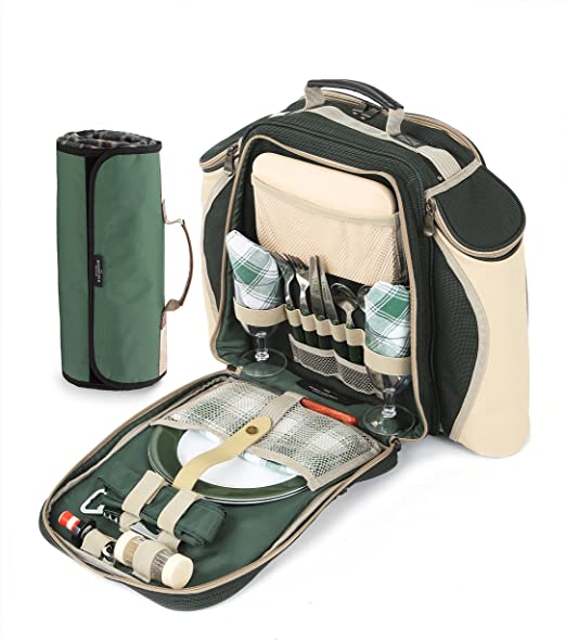 Greenfield Collection Deluxe Forest Green Picnic Backpack Hamper for Two People with Matching Picnic Blanket