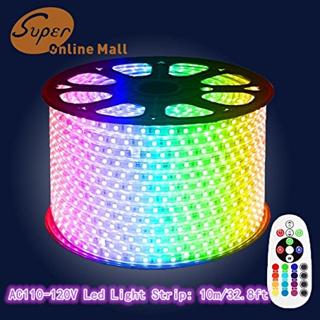 SuperonlineMall AC 110-120V Flexible Waterproof LED Strip Lights, 10m/32.8ft - RGB