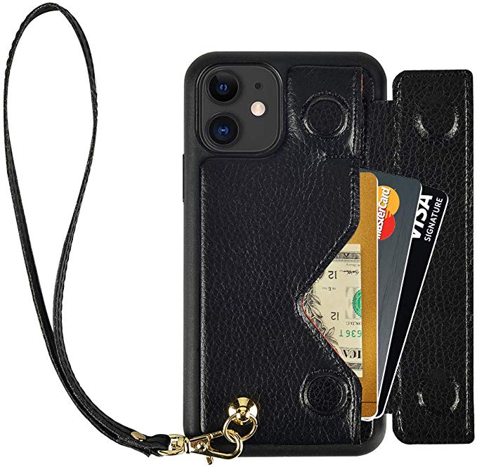 iPhone 11 Wallet Case, iPhone 11 Card Holder Case, ZVEdeng iPhone 11 Case with Wrist Strap, Shockproof Leather Credit Card Holder Case Slim Magnetic Flip Case Handbag for iPhone 11 6.1inch-Black