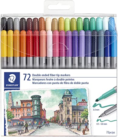 Double Ended Fiber-tip Markers, for Sketching, Drawing, Illustrations, and Coloring, 72 Vibrant Colors, Washable, 320TB72 LU - 2 Pack