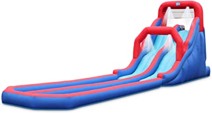 Deluxe Inflatable Water Racing Slide Park – Heavy-Duty Nylon Bouncy Station for Outdoor Fun - Climbing Wall, Two Slides & Splash Pool – Easy to Set Up & Inflate with Included Air Pump & Carrying Case