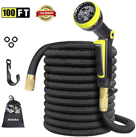 Anteko Expandable Garden Hose, 100FT Strongest Expandable Water Hose, 8 Functions Sprayer with Double Latex Core, 3/4" Solid Brass Fittings, Extra Strength Fabric - Improved Expanding Hose
