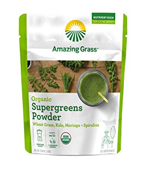 Amazing Grass, Organic Supergreens Plant Based Vegan Smoothie Booster Powder, 30 Servings, 5.29oz, with Alkalizing Greens, Wheat Grass, Kale, Moringa, Spirulina