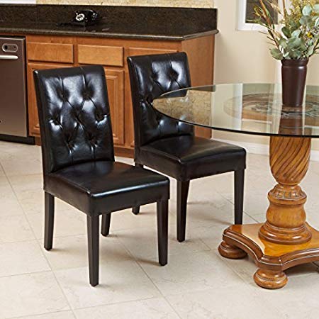 Waldon Black Leather Dining Chairs w/ Tufted Backrest (Set of 2)
