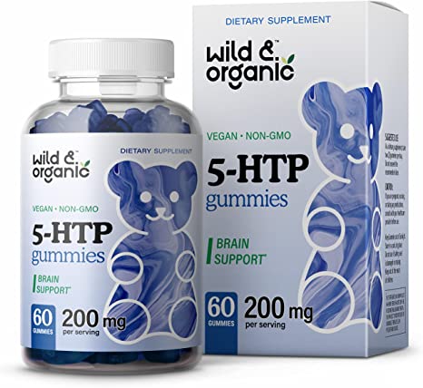 Wild & Organic 5-HTP Gummies - Natural 5HTP Supplement with Calcium, L-Tryptophan - May Help Support Weight Management, Stress Relief, Elevate Mood, Promote Deep Sleep - 60 Chews, Blueberry Flavor