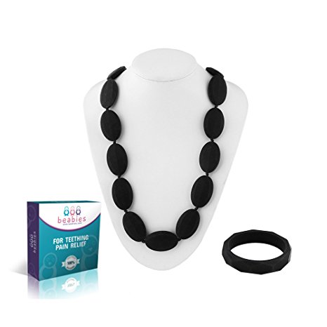 Beabies Breastfeeding Necklace - Teething Necklace for Mom to Wear and Bracelet/Bangle are Smart Baby Shower Gifts - Teether Beads Provide Soothing Pain Relief (Black)