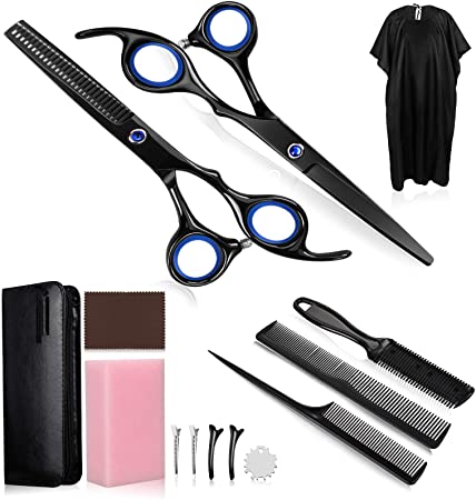 Lictin Haircut Scissor Kit - Hair Cutting Set Professional Hairdressing Shears and Thinning Scissors Set with Barber Cape, Combs, Clips, Sponge and Cleaning Cloth for Barber Salon and Home