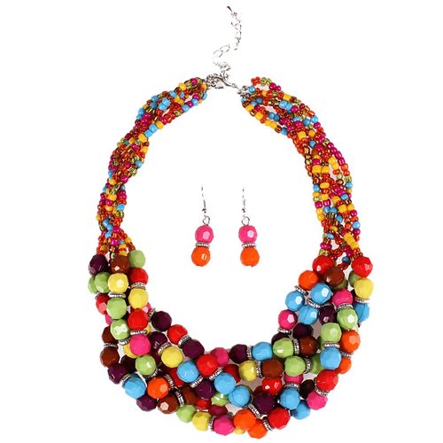 Twist Torsade Layers Colorful Ball Beaded Bib Choker Collar Necklace Earrings