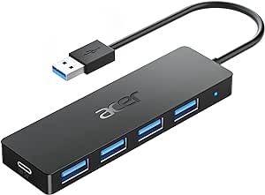 Acer USB Hub, 4 Ports Multiple USB 3.0 Hub, USB Data Hub for Laptop with USB C Power Port, USB Extender for A Port Laptop, Windows, Linux, Acer PC, and More(0.7ft)