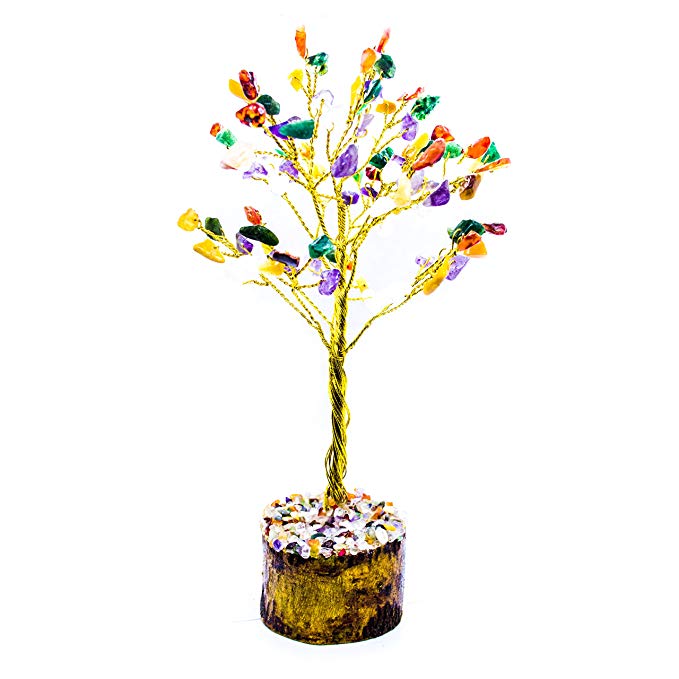 Crocon Natural Gemstone Bonsai Money Tree for Good Luck, Wealth Health & Prosperity Spiritual Gift Crystal Energy Feng Shui Home Table Decor Size 7-8 inch (Mix Chakra (Golden Wire))