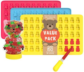 Silicone Gummy Bear Mold Kit Plus Bonus Bear Container & Dropper - BPA Free 3-Pack Molds 150 Gummies At Once - Best for Natural Healthy Vitamin Fruit Candy Cakes & More
