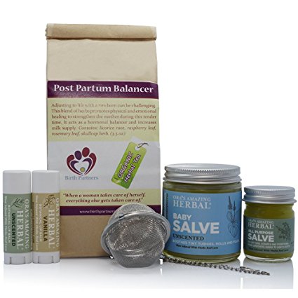 New Mama Natural Gift Box For A New Mother With Organic Postpartum Herbs Tea, Paraben Free Salve (Cream, Moisturizer, Ointment) for Baby and Postpartum Belly Care