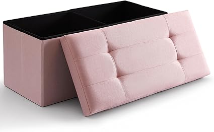 CUYOCA Storage Ottoman Bench Foldable Seat Footrest Shoe Bench End of Bed Storage with Flipping Lid, 75L Storage Space, 30 inches Linen Fabric Pink