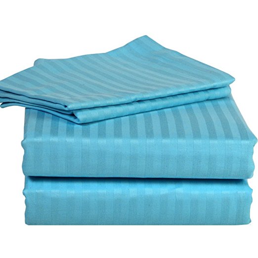 500 Thread Count 100% Pima Cotton Hotel Finish Adjustable Room 1-Piece- Fitted- Sheet with 6-10 inches Extra Fit Deep Pocket Both Pattern Solid/Stripe (Queen , Stripe , Turquoise).