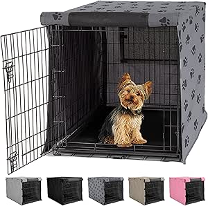 Gorilla Grip Dog Crate Covers compatible with Amazon Basics Dog Crates, All Sides Open, Privacy Cover Fits 24" Wire Kennel, Breathable Mesh Windows, Light Reducing Puppy Training Cage Topper, Gray Paw