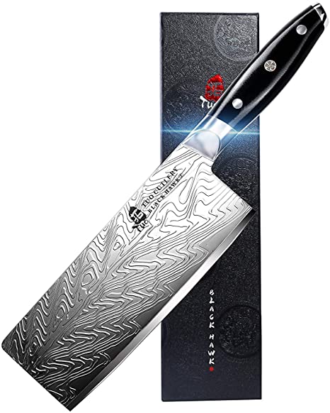 TUO Black Hawk-S Cleaver Knife - Vegetable Meat Heavy Duty Cleaver Knife, 7 inch High Carbon Stainless Steel Kitchen Knife with G10 Full Tang Handle, Plus Microfiber Cloth - Value Bundle