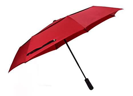 (Designed in Britain) Balios® Quality Double Canopy Vented Windproof Fiberglass Umbrella Auto Open & Close Folding, 300T Finest Fabric, Uniquely Strong-Men's Ladies (RED with rubber coated handle)