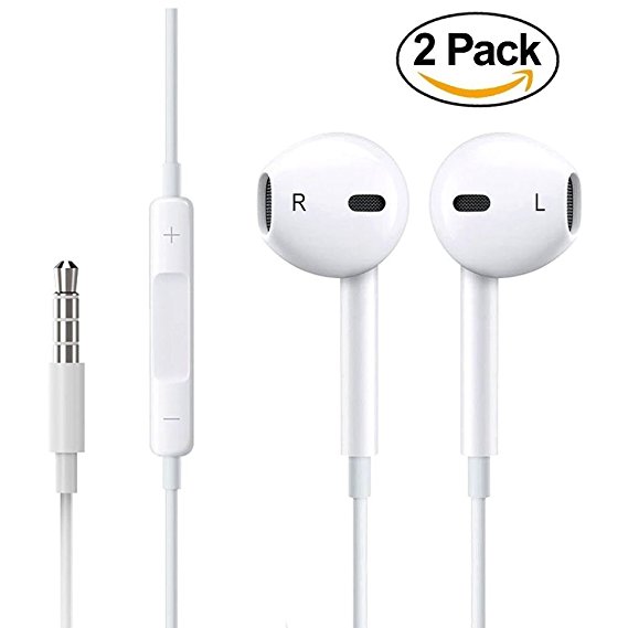 Earphones/Earbuds/Headphones with Stereo Mic&Remote Control for iPhone Samsung Compatible with 3.5 mm headphone [2-PACK] (White)