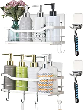 Carwiner Shower Caddy Bathroom Shelf 2-Pack, Adhesive Basket with Hooks for Hanging Shampoo Conditioner, SUS304 Stainless Steel Rack Wall Mounted Storage Organizer for Kitchen, No Drilling