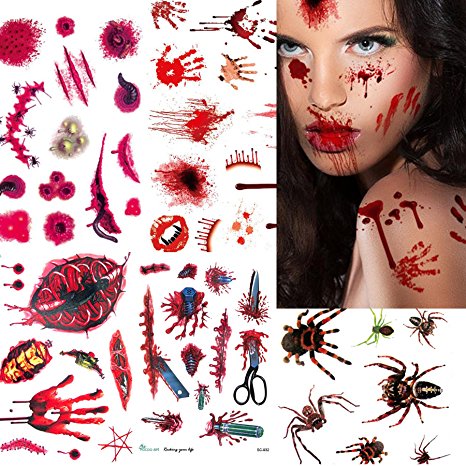 Halloween Tattoos 10 Sheets Realistic Zombie Wounds Scars Spiders 80pcs  Temporary Stickers for Cos Play Party Supplies