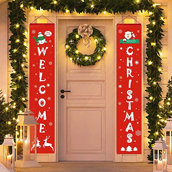 D-FantiX Merry Christmas Banners, Front Door Welcome Christmas Porch Banners Red Porch Sign Hanging Xmas Decorations for Home Wall Indoor Outdoor Holiday Party Decor