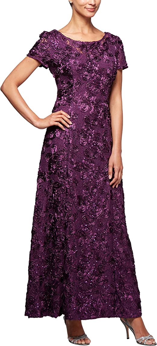 Alex Evenings Women's Long Rosette Lace Cap Sleeve Gown