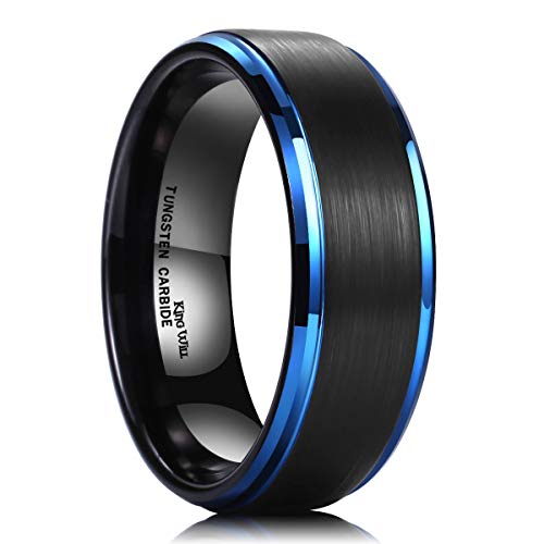 King Will Duo 8mm Black Brushed Finish Tungsten Carbide Ring Blue Plated Wedding Band