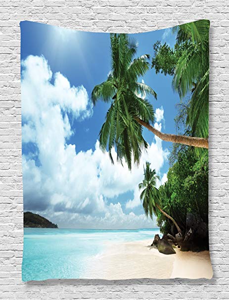 Ambesonne Ocean Tapestry Beach Decor, Palm Leaf and Island Cliff Glass Clear Water Photo Print, Bedroom Living Kids Room Dorm Accessories Art Wall Hanging, 60 W x 80 L Inches, Green Blue Ecru Cream