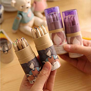 KitMax (TM) 4 Packs Cool Novelty Cute Girl Mini Colored Pencils with Sharpener Office School Supplies Students Children Gift (Color May Vary)