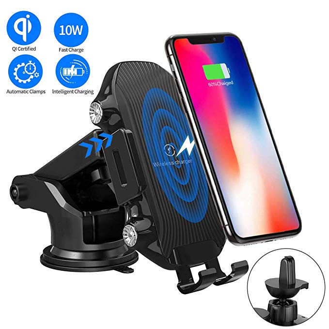 LONOSUN Wireless Charger car Mount,10W Auto Sensing Clamping Car Mount Windshield Dashboard Air Vent Phone Holde Compatible with iPhone Xs/Xs Max/XR/X/ 8/8 Plus, Samsung S10/S10 /S9/S9 /S8/S8