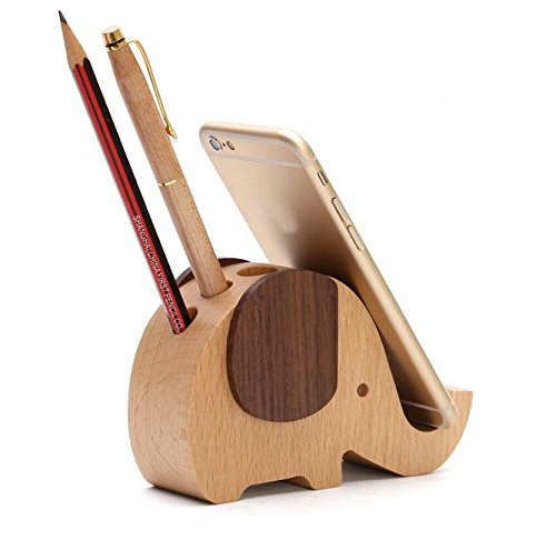 SHADIAO Holder for Desk & Cute Gifts , Wood Elephant Pen Hotan, Wood Elephant Pen Holder Container With Phone Holder Desk Organizer 5.12 L 1.89 W3.27 H
