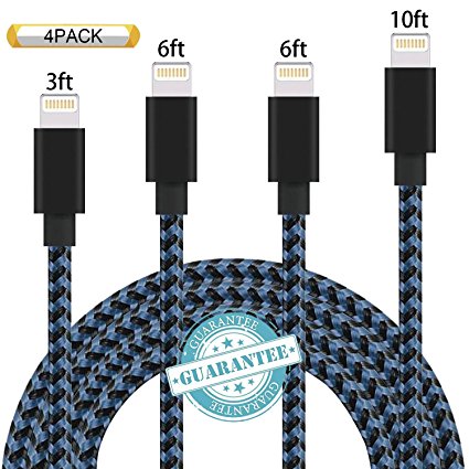 DANTENG iPhone Cable 4 Pack 3ft 6ft 6ft 10ft Nylon Braided Certified Lightning to USB iPhone Charger Cord for iPhone 7 Plus 6S 6 SE 5S 5C 5, iPad 2 3 4 Mini Air Pro, iPod Nano 7 - BlackBlue