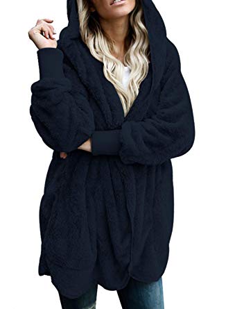 Dokotoo Womens Long Sleeve Solid Fuzzy Fleece Open Front Hooded Cardigans Jacket Coats Outwear with Pocket