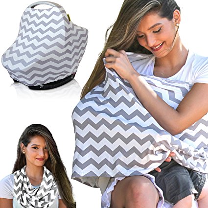Nursing Cover Breastfeeding Scarf, Baby Car Seat Canopy, Shopping Cart, Stroller, Carseat Stretchy Covers Unisex Girls and Boys - Gray/White Chevron