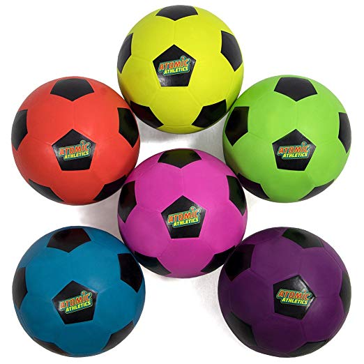 Atomic Athletics 6 Pack of Neon Rubber Playground Soccer Balls - Youth Size 4, 8" Balls with Air Pump and Mesh Storage Bag by K-Roo Sports