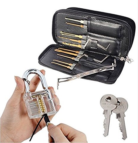 25 Pieces Premium Practice Lock Pick Set, Geepro Crystal Transparent Professional Visible Cutaway Inside View Padlocks with 2 keys, 24pcs Various Picks Crochet Hook, Wrenches, Leather Pouch for Locksmith Training