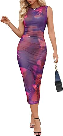 MEROKEETY Women's Summer Bodycon Tie Dye Dress Sleeveless Crew Neck Mesh Cocktail Party Maxi Dresses