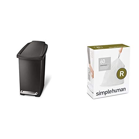 simplehuman 10 litre slim step can black plastic   code R 60 pack liners