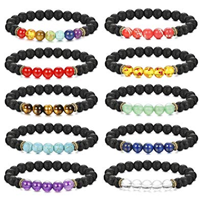 LOLIAS 4-12 Pack Bead Gemstone Bracelet for Men Women Natural Stone Diffuser Bracelet Stretch Yoga Bracelets